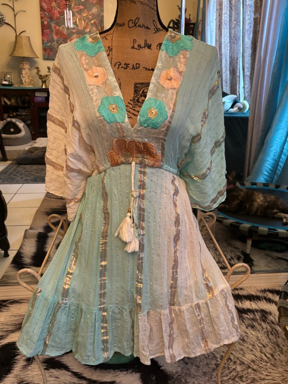 Boho Embroidered V-Neck Tassel Mini Dress in Mint & Cream